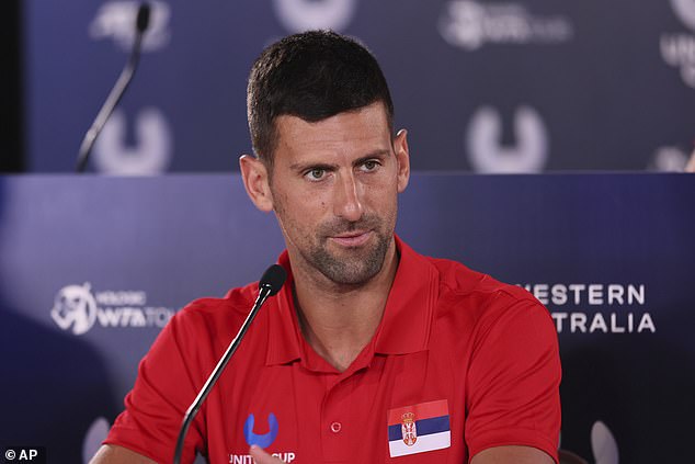 Novak Djokoic of Serbia speaks at a press conference during the United Cup tennis tournament in Perth, Australia