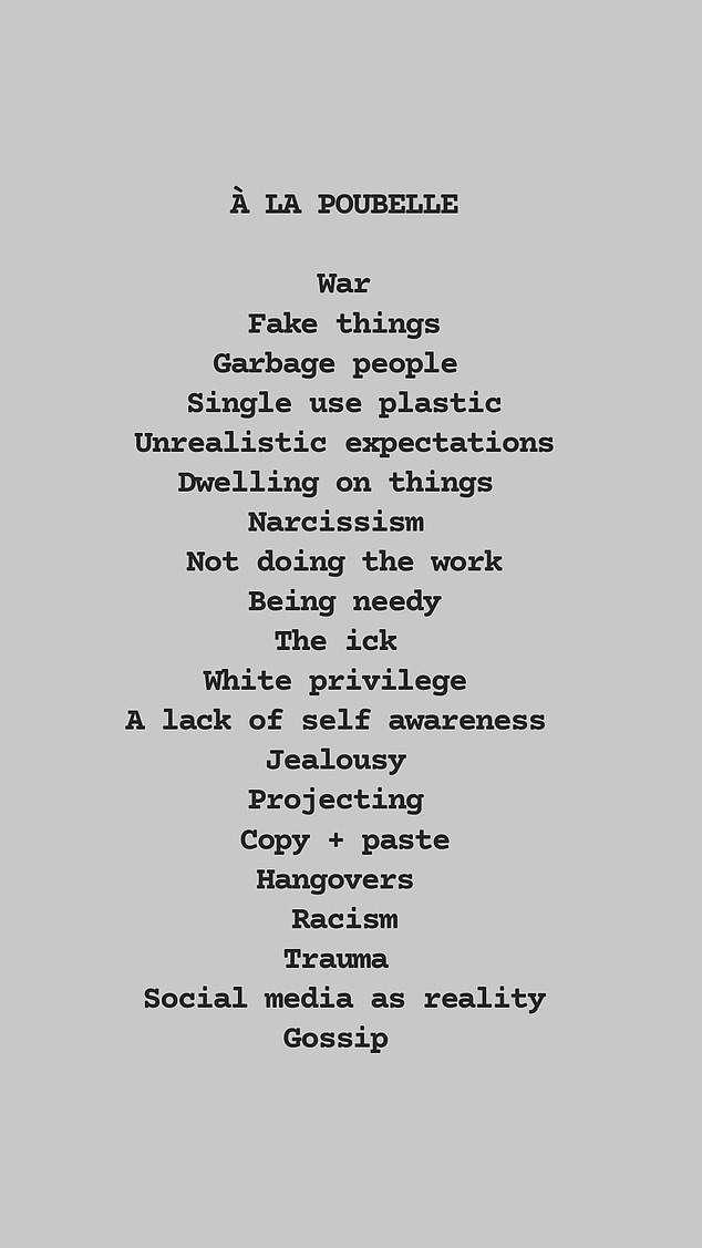 The list included things she rejected next year: fake things, dwelling on things, narcissism, white privilege, jealousy, racism and gossip.