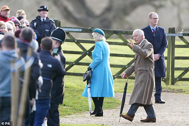 King Charles completed his look with a pair of brown dress shoes and a white shirt