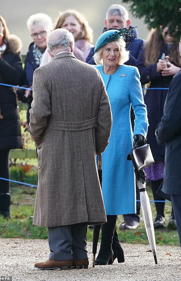 Queen Camilla and King Charles arrive at the Church of St. Mary Magdalene in Sandringham