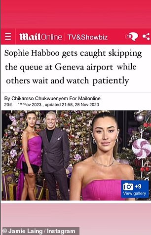 The new fake headline read: 'Sophie Habboo is caught skipping the line at Geneva airport while others wait patiently'