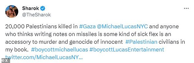 Mosavi Nejad, 39, highlighted the death toll of 20,000 people in Gaza due to Israeli retaliatory strikes – and called for a boycott of Lucas' empire