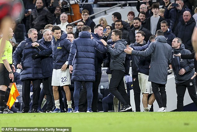 Postecoglou collided with Bournemouth's coaching staff and had to be restrained by a member of the Spurs security team