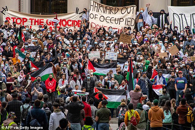 Supporters of Palestine gather at Harvard University to express their support for the Palestinians in Gaza during a rally in Cambridge, Massachusetts, on October 14, 2023