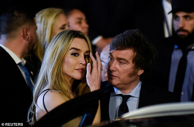 Argentina's new president Javier Milei (pictured, right) was seen with his 'lioness' girlfriend Fatima Florez (pictured, left) at a gala event