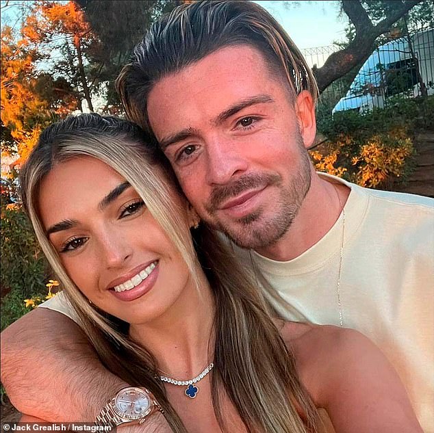 Jack Grealish, pictured on Instagram with fiancée Sasha, poses in his rose gold Rolex