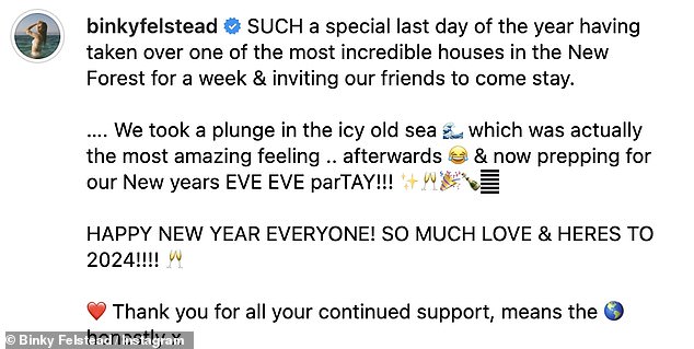 She captioned her post: 'SUCH a special last day of the year after taking over one of the most incredible homes in the New Forest'