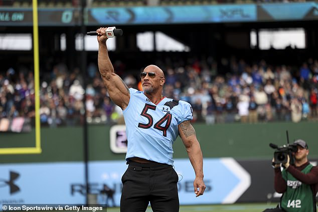 XFL co-owner Dwayne The Rock Johnson gets the crowd excited for a February game