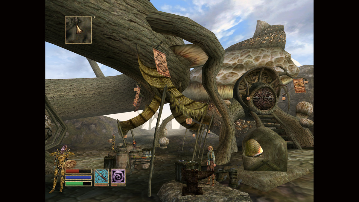 A marketplace in The Elder Scrolls 3: Morrowind