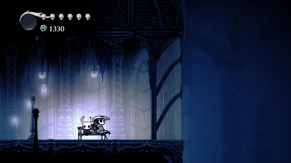 The knight sits next to Quill and looks out over the City of Tears in Hollow Knight