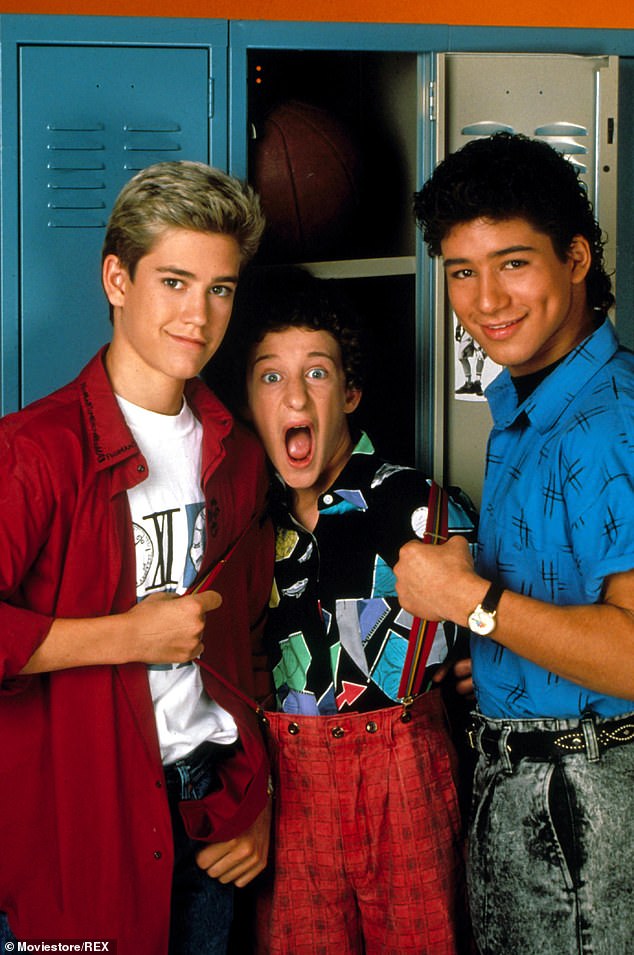 The show lasted four seasons and also starred Tiffani Amber Thiessen, Elizabeth Berkeley, Mario Lopez (right) and the late Dustin Diamond (center)