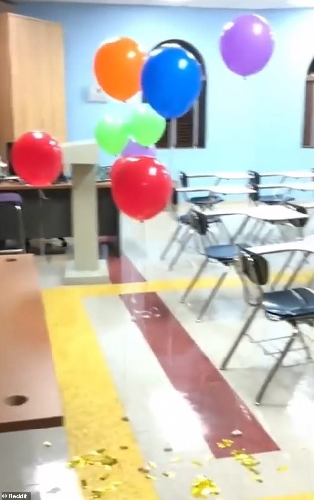 The 'creepy' video shows a classroom covered in confetti and several balloons, including a red one that stood alone in the corner