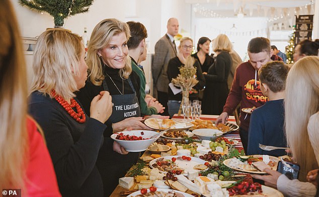 The Duchess of Edinburgh appeared cheerful on Tuesday as she volunteered at a Christmas party for Ukrainian refugees