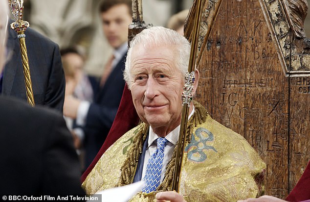 King Charles during his coronation rehearsal in Westminster Abbey