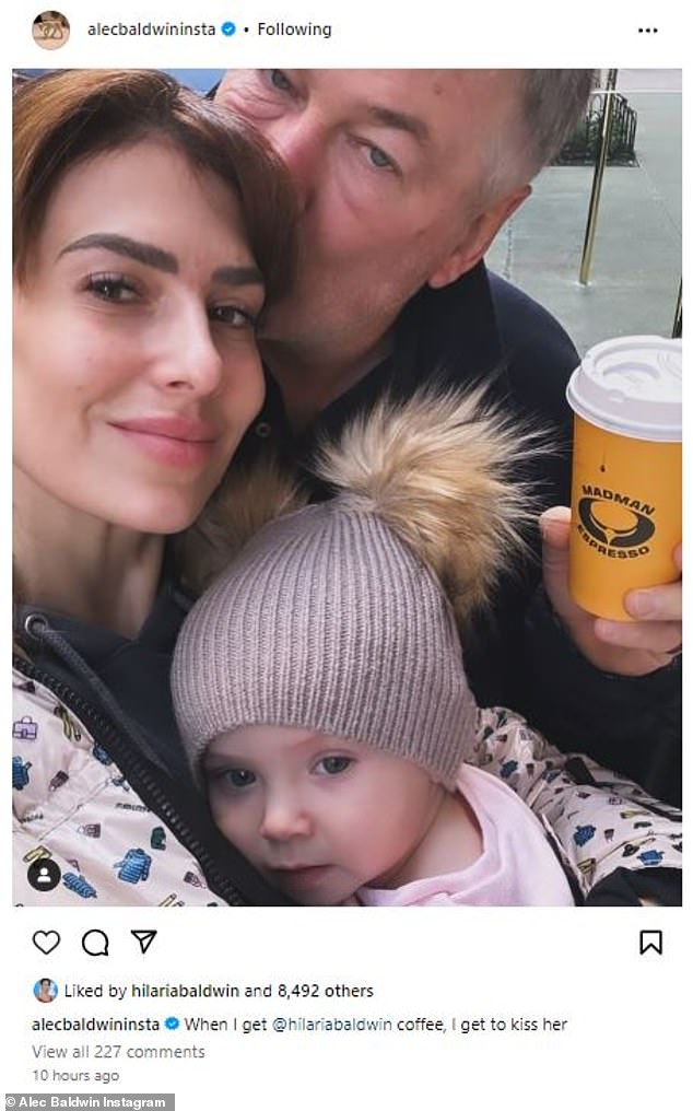 Alec Baldwin, 65, revealed the power coffee has within his marriage when he shared a photo of himself giving his wife Hilaria Baldwin, 39, a kiss as she held daughter Maria, two: 'When I get Hilaria coffee, I get Kiss her'