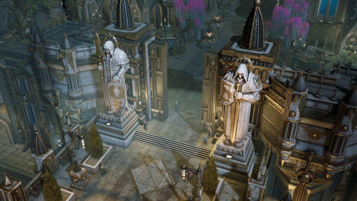 An environment in Warhammer 40,000: Rogue Trader.  Two robed statues stand guard over the entrance.  The aesthetic is a mix of science fiction and gothic influences.