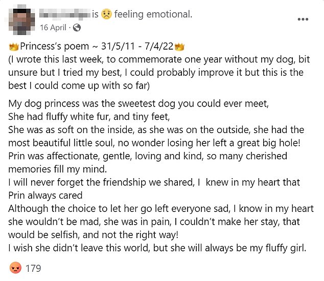 Judge shared a poem she wrote for Princess on Facebook after the pet's death