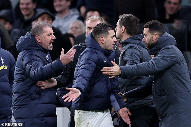 Tottenham manager Ange Postecoglou was involved in a heated discussion on the sidelines during his side's 3-1 win against Bournemouth on Sunday