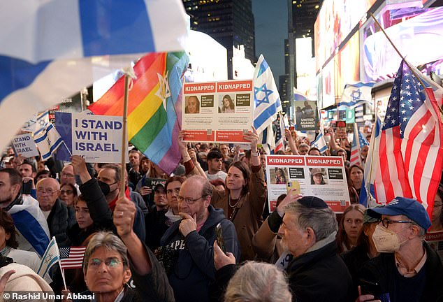 A pro-Israel rally in Times Square held on October 19, a day after Amin attacked the young Israeli tourist