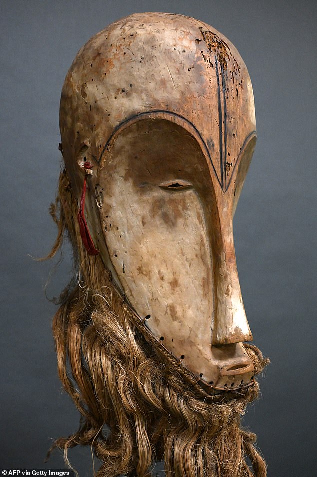 Fang masks, highly stylized and carved from wood, were made by the Fang people who occupied regions in Cameroon, Equatorial Guinea and Gabon