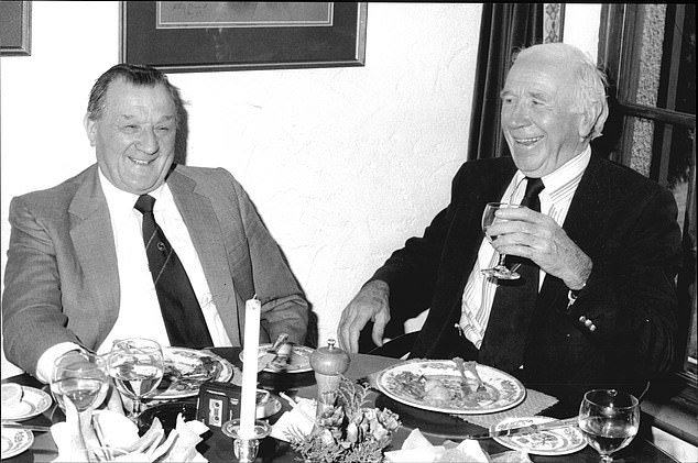 Bob Paisley, left, and Sir Matt Busby, right, sat together at a dinner in 1983, with the two managers having left a big impression on their clubs after legendary spells