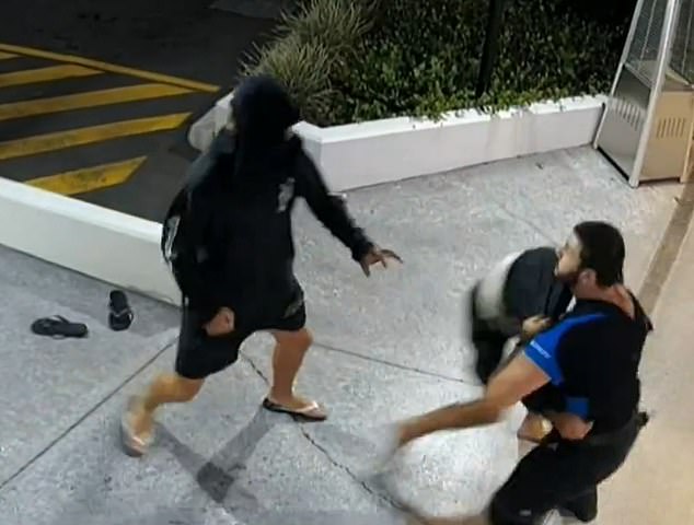 Two men attempted to engage a bouncer outside the Ashmore Tavern on the Gold Coast on New Year's Day 2023, but were quickly overpowered by the lone security guard