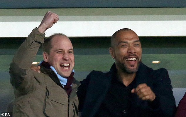 Prince William (L) celebrating with Aston Villa legend John Carew (R) in April 2018