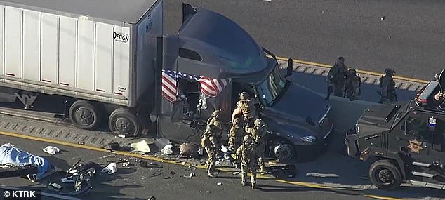 Shocking video shows the moment a seven-foot bulletproof vehicle known as 'The Rook' tore apart the cab of a tractor-trailer