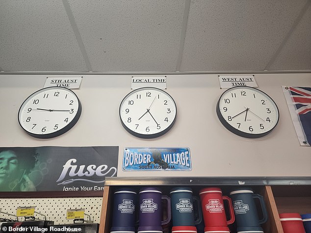 Three clocks (pictured) in the Border Village Roadhouse show the time in South Australia and Western Australia, as well as local time