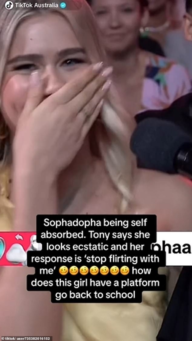 Sydney influencer Sopha Dopha, 19, (pictured) was left red-faced after the 2023 TikTok Awards on Wednesday night after telling host Tony Armstrong, 34, to stop flirting with her - before he slammed her with an epic comeback