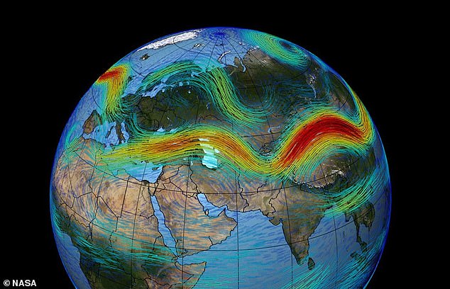 Jet currents are created by the contrast between cold, dense air at the poles and warm, light air in the tropics, combined with the Earth's rotation.  The new study shows that climate change reinforces this contrast.  Pictured: jet stream winds (dark red), which will become faster due to climate change