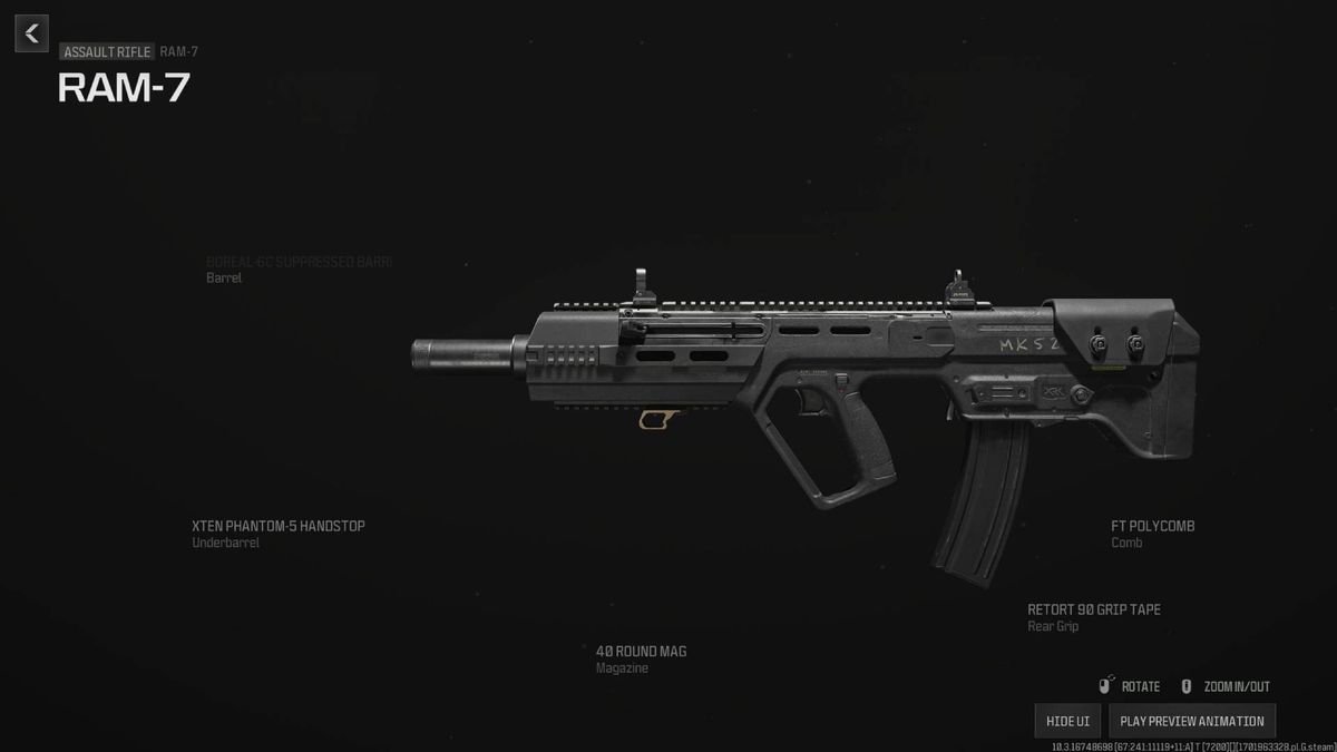 A menu shows the best attachments and equipment for the RAM 7 in MW3.