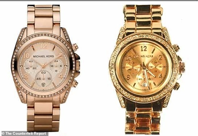 Pictured on the left is an authentic Michael Kors Rose Blair Glitz watch, while on the right is a fake watch that sold for $13