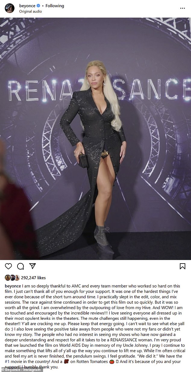 Grateful: Beyonce Knowles-Carter took to Instagram to express her deep gratitude to fans for supporting her concert film and documentary, Renaissance: A Film by Beyoncé