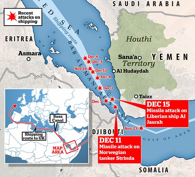 Ships transiting the Red Sea under attack by drones and ballistic missiles fired from Houthi-controlled areas in Yemen