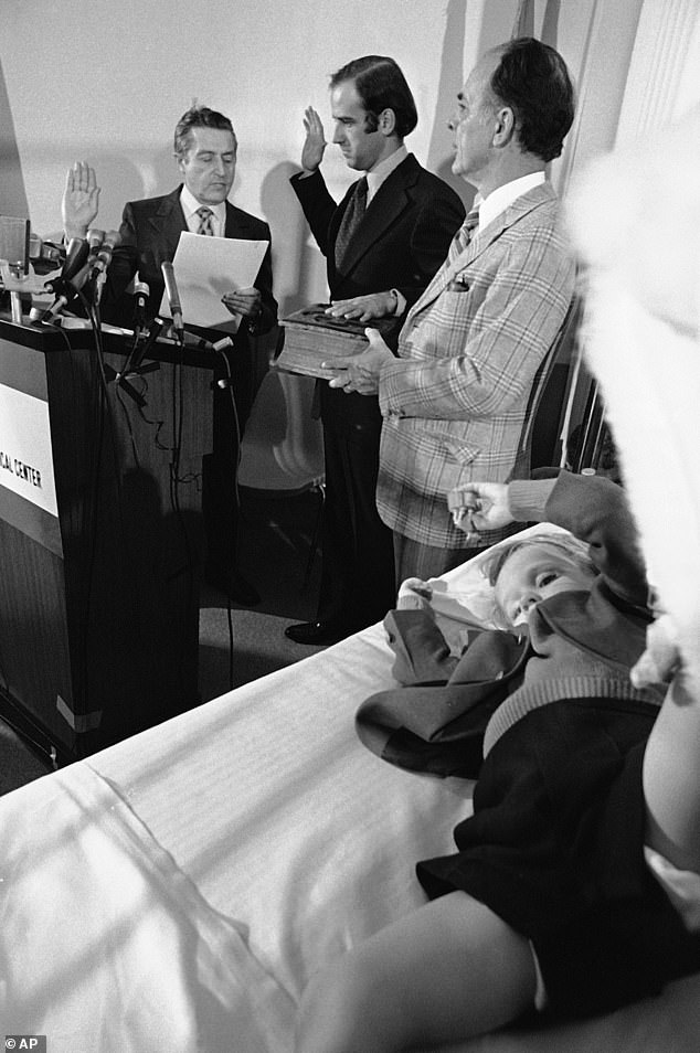 Biden was sworn into the Senate in 1973 at the Wilmington hospital where Beau and Hunter Biden were treated after the accident that killed their mother Neilia and sister Naomi.