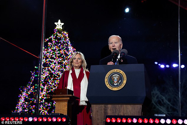 President Joe Biden (right), flanked by first lady Jill Biden (left), Prince Harry was named during the National Christmas Tree Lighting Ceremony on the Ellipse on Thursday.  It comes as the royal family is embroiled in the latest chapter of the 'racist row'