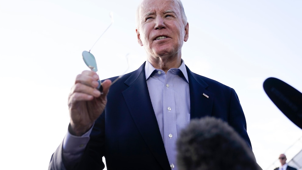 President Joe Biden speaks to the media before boarding Air Force One at Pueblo Memorial Airport in Pueblo, Colorado, on Wednesday, November 29, 2023, to travel back to Washington.  (AP Photo/Andrew Harnik)