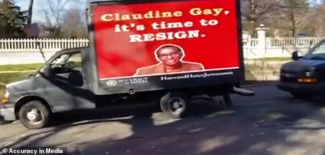 Trucks parked outside Claudine Gay's official residence on the Harvard campus.  Ackman believes they are crossing the line with the action