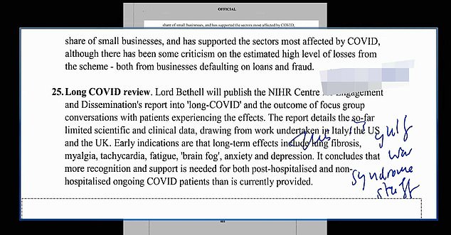 Boris Johnson wrote in the margins of his notes that Covid was 'b*********' for a long time and compared the poorly understood disease to Gulf War Syndrome