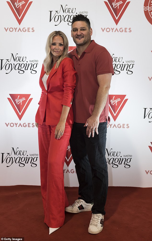 Brendan Fevola looked polished and fabulous as he attended the launch of Virgin Voyages Resilient Lady Melbourne with his wife Alex on Sunday.  Both shown