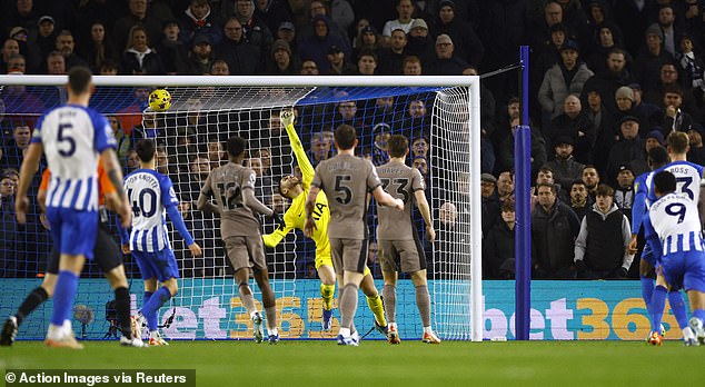 Jack Hinshelwood scored the opening goal for Brighton with a fierce drive to beat Vicario