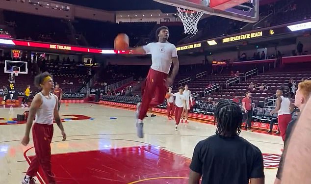 Bronny James (center) is back and will play basketball in his USC Trojans debut on Sunday