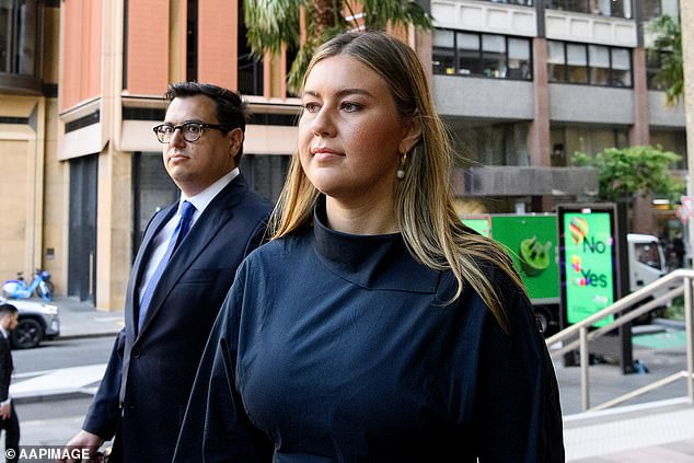 Brittany Higgins arrives at Federal Court with fiance David Sharaz.  She spent the day being cross-examined by Steven Whybrow, Bruce Lehrmann's attorney