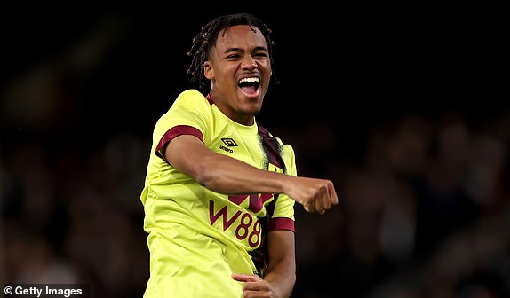 LONDON, ENGLAND – DECEMBER 23: Wilson Odobert of Burnley celebrates after scoring their team's first goal during the Premier League match between Fulham FC and Burnley FC at Craven Cottage on December 23, 2023 in London, England.  (Photo by Ryan Pierse/Getty Images)