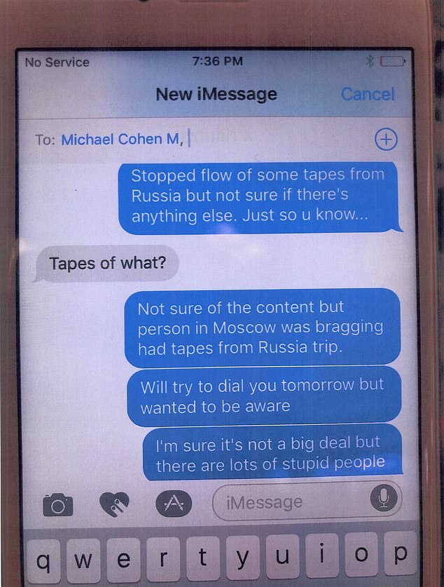The messages, obtained by DailyMail.com, show that Rtskhiladze told Cohen: 'The flow of some tapes has stopped'