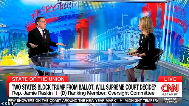 Democrat Rep. Jamie Raskin told CNN's Dana Bash that SCOTUS Judge Clarence Thomas should recuse himself from voting for Donald Trump because of his wife's ties to the January 6 insurrection