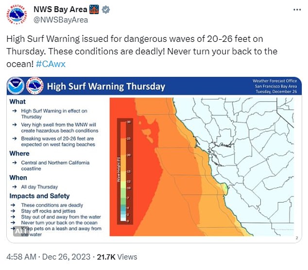Forecasters expect water-related hazards to turn deadly on Thursday with waves of up to 9 meters high breaking on beaches in the northwest and west of the area.