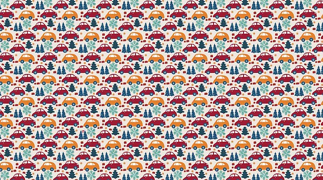 A festive image shows cars surrounded by Christmas trees, snowflakes and presents.  But somewhere in the design, Santa Claus is waiting to be discovered