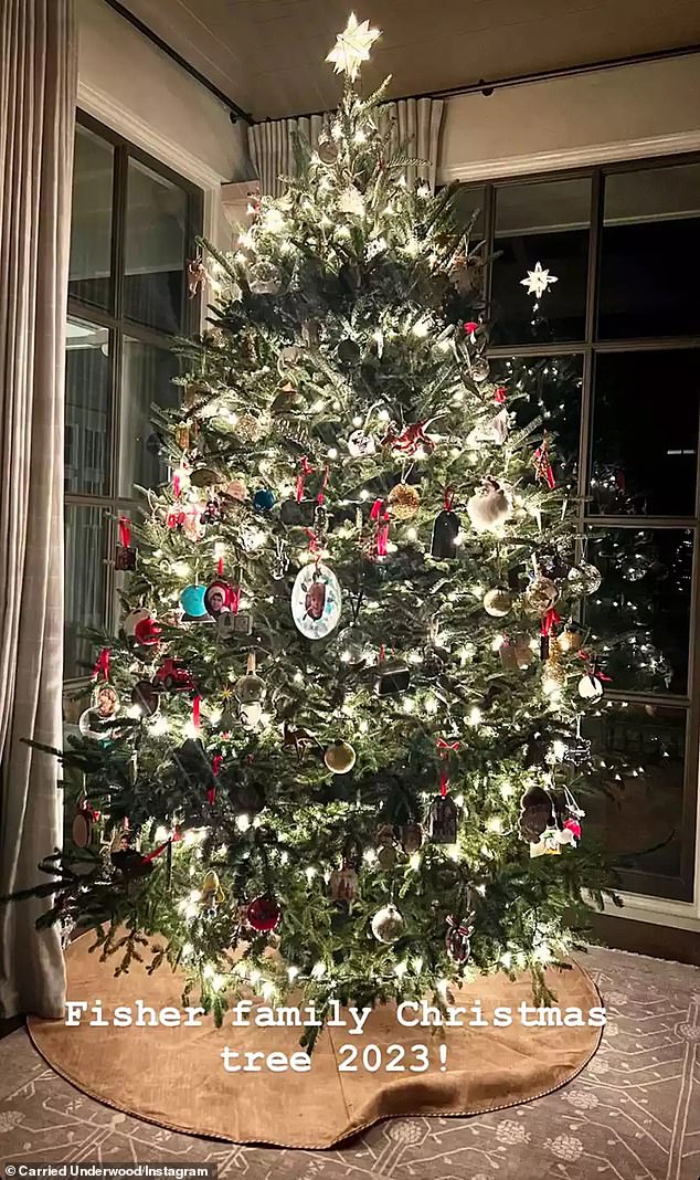 Carrie Underwood offered her fans a glimpse into her sons and her family life in Nashville on Instagram this week.  The country singer shared images of her children's faces on ornaments on her Christmas tree in her Tennessee mansion